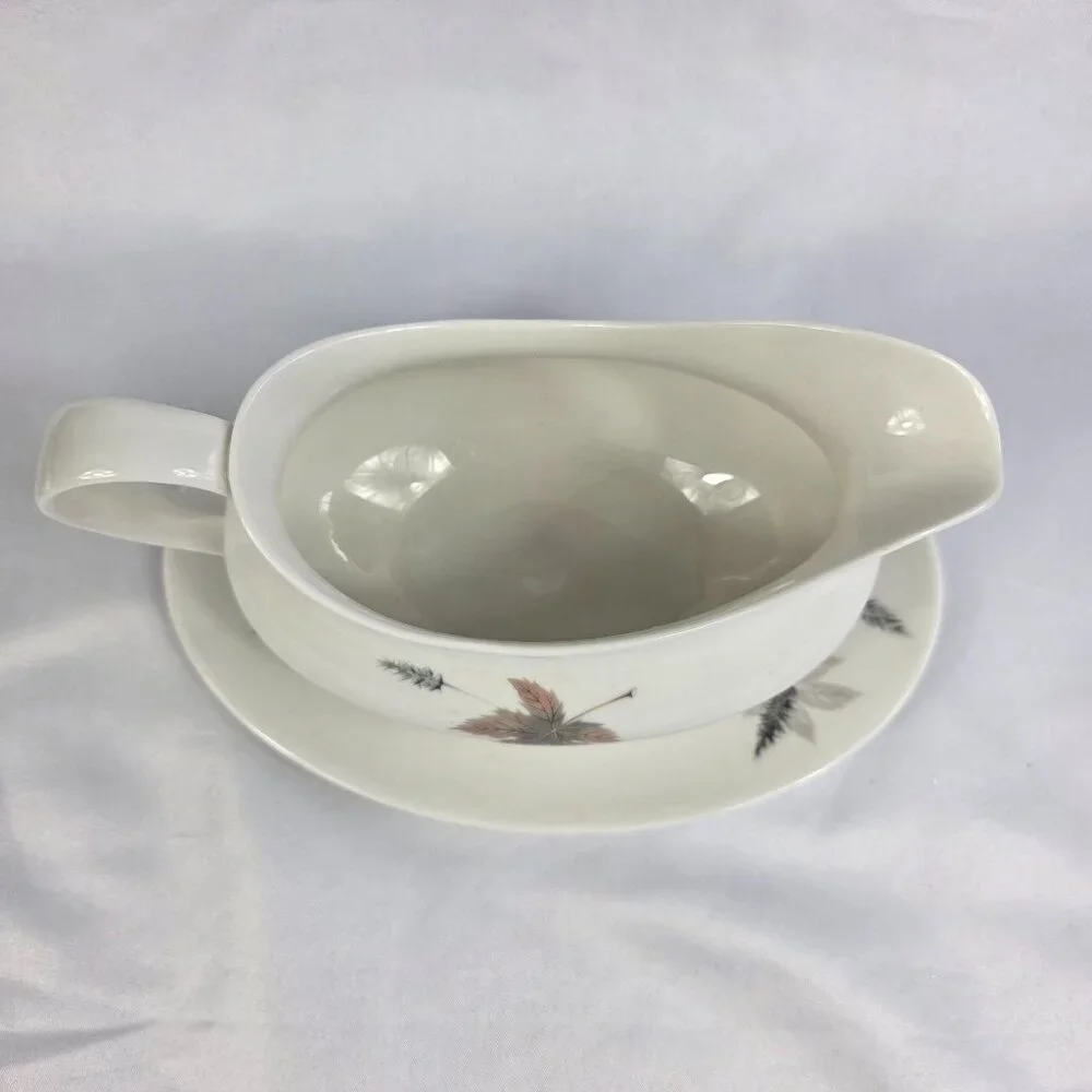 Royal Doulton Tumbling Leaves Gravy Boat & Underplate Gray & Pink Leaves